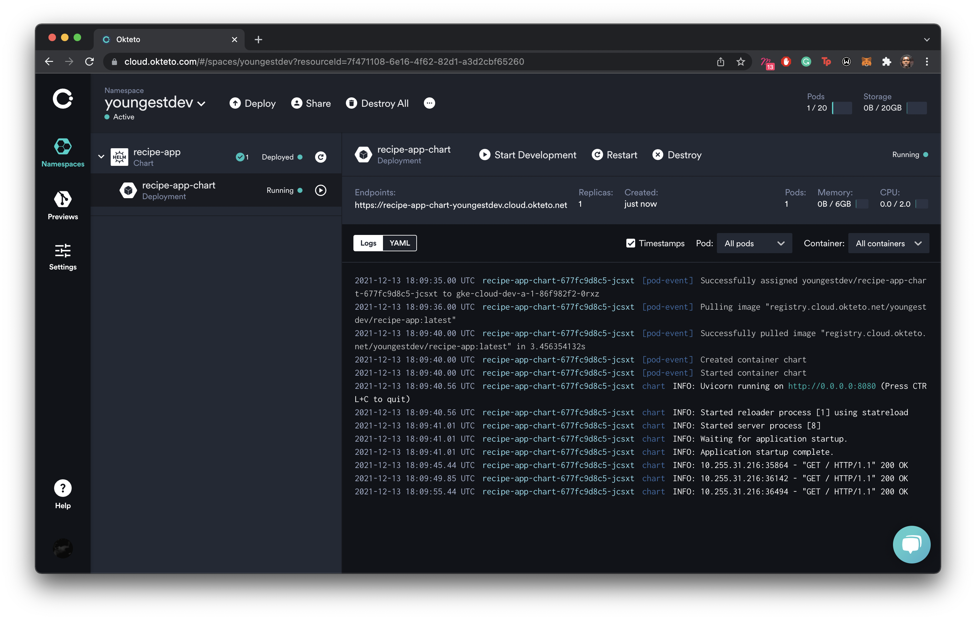 recipe-app deployed and running in the Okteto dashboard