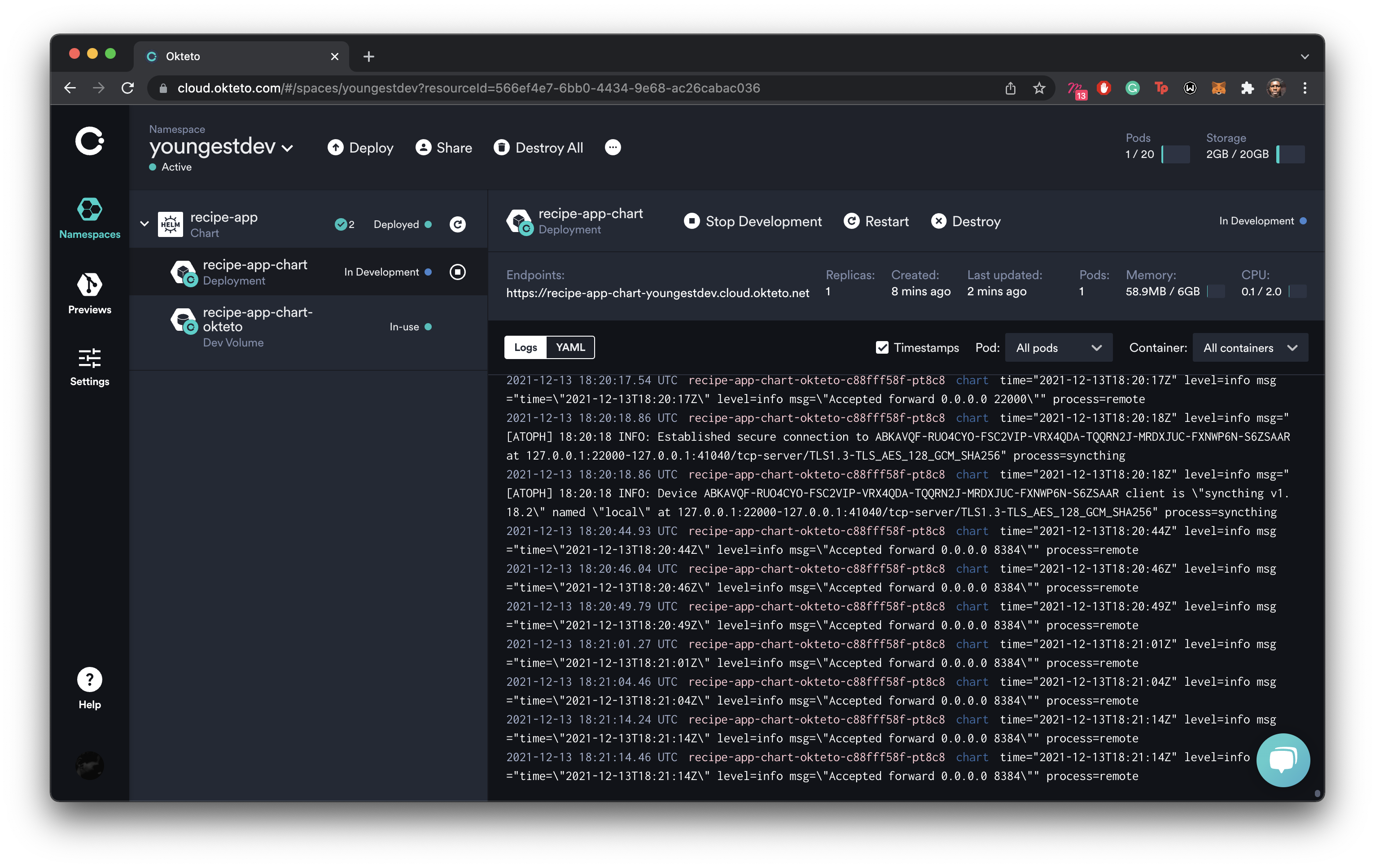 recipe-app in development mode in the Okteto dashboard