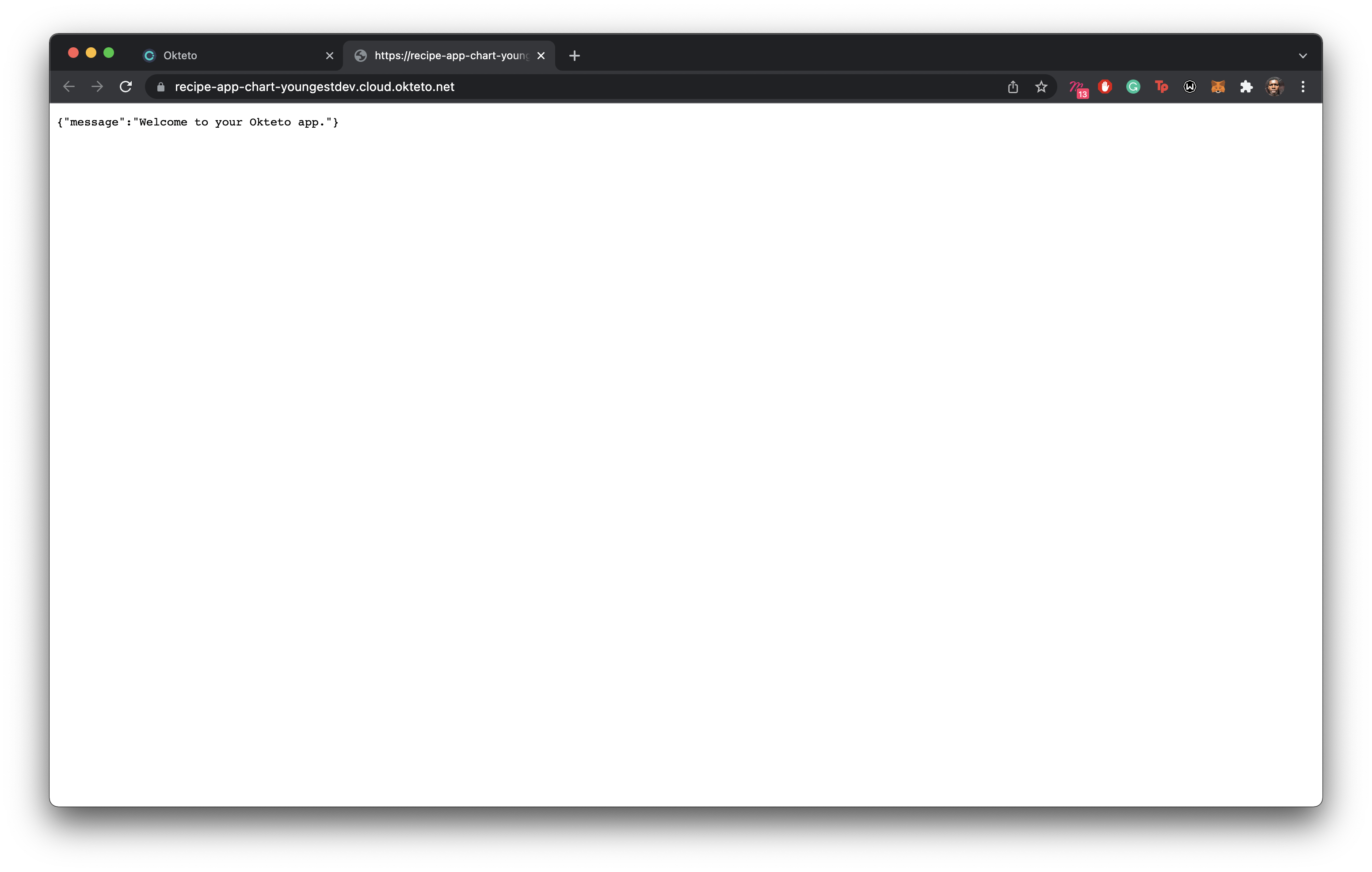 recipe-app original welcome message shown in the browser
