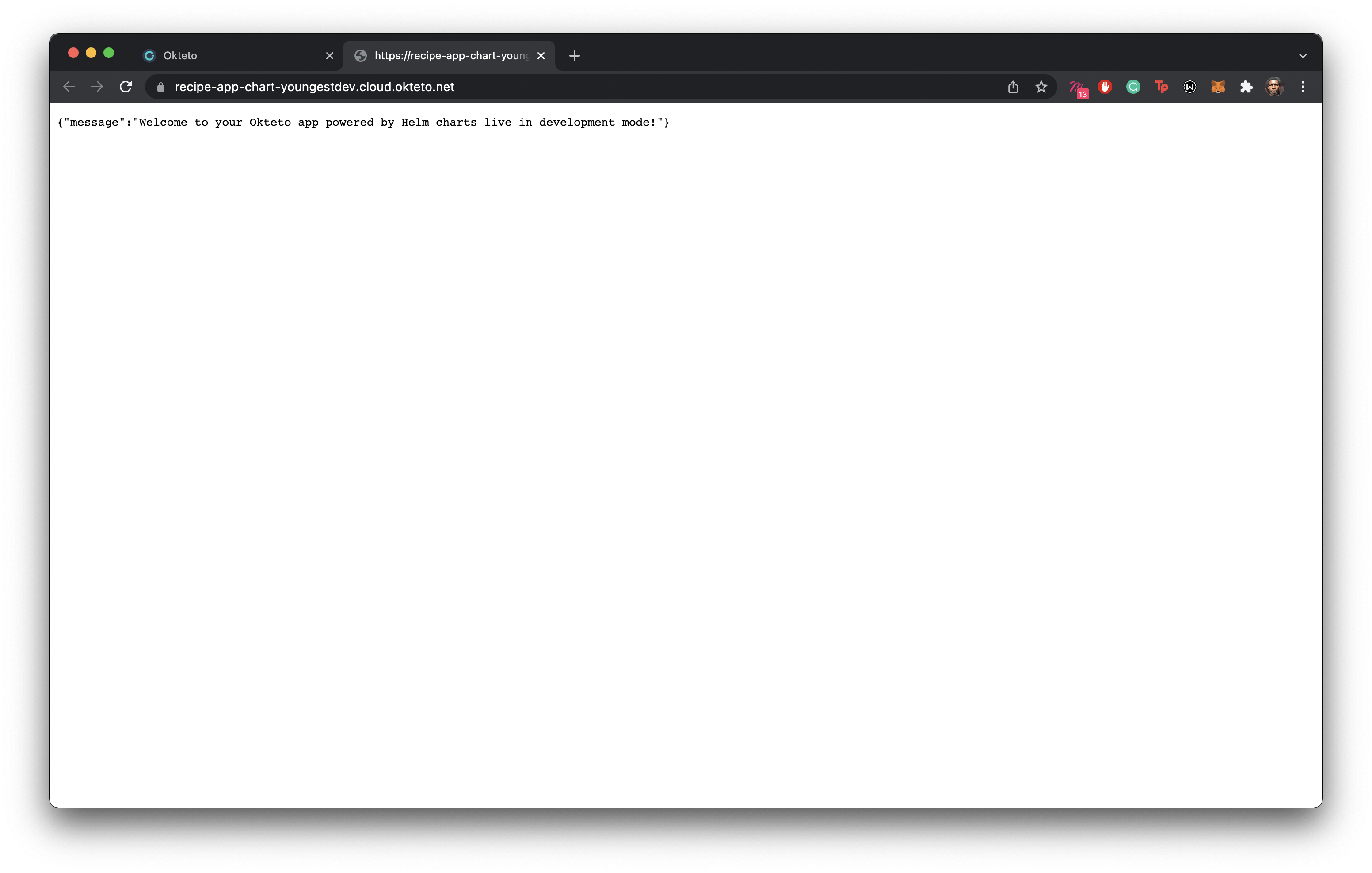 recipe-app updated welcome message shown in the browser